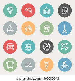 Travel flat contour icons on color buttons.