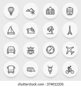 Travel flat contour icons with white buttons on gray background.