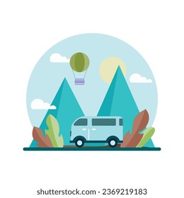 Antecedentes de diseño plano de viaje. ilustración de la mochila de montaña
