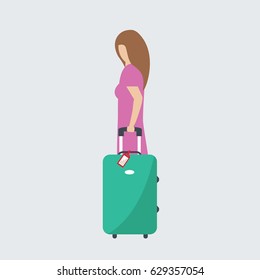 travel flat design background vector illustration in airport with one lonely girl, female or woman passenger & tourist with baggage, suitcases or luggage ready to fly. holiday & vacation 