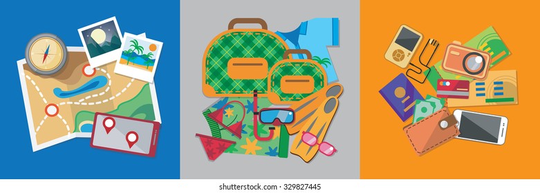  Travel flat design banner set with bag, passport, glasses, mask, shirt, compass, hat, bikini and other.