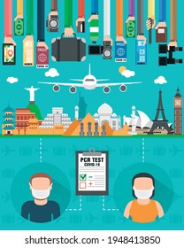 Travel flat design. Travel by plane. A couple of tourists ready to travel. People with a negative PCR test for coronavirus. Signs of Covid-19 prevention. Vector illustration