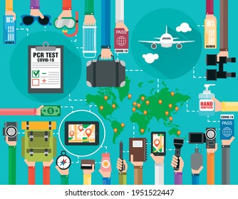Diseño plano de viaje. Viaja en avión. Prueba de PCR negativa para el coronavirus. Señales de prevención de Covid-19. Ilustración del vector