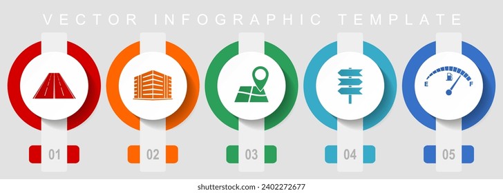 Juego de iconos de diseño plano de viajes, iconos diversos como carreteras, construcción, navegación, señalización y medidor de combustible, plantilla de infografía vectorial, colección de botones web