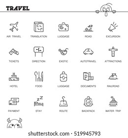 Travel flat icon set. Collection of high quality outline symbols of tourism for web design, mobile app. Vector thin line icons or logo of luggage, document, direction, ship, hotel, etc
