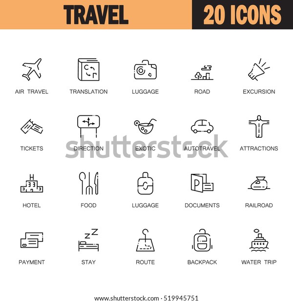 Travel\
flat icon set. Collection of high quality outline symbols of\
tourism for web design, mobile app. Vector thin line icons or logo\
of luggage, document, direction, ship, hotel,\
etc
