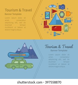Travel flat icons backpack, shoes, compass.  Design elements camping equipment, hiking, climbing, recreational tourism. They can be used for banners, greeting cards and other printed products