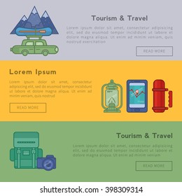 Travel flat icons backpack, shoes, compass.  Design elements camping equipment, hiking, climbing, recreational tourism. They can be used for banners, greeting cards and other printed products