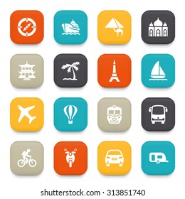 Travel flat icons with color buttons.