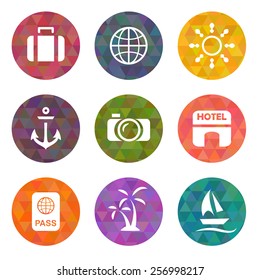 Travel flat icons on triangle backgrounds. Vector illustration