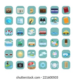 Travel Flat Icons Set - Isolated On White Background - Vector Illustration, Graphic Design Editable For Your Design. Icons: Ice cream, Sunglasses, Dive Mask, Surfer, Camera, Thermometer Etc..