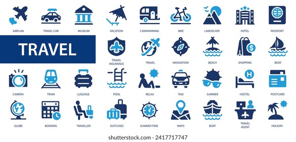 Travel flat icons set. Summer vacations symbols. Traveling, vacation, relax and tourism signs collection.