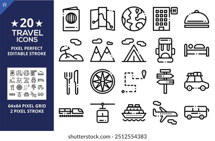 Travel flat icons set. Summer vacations symbols. Traveling, vacation, relax and tourism signs collection.