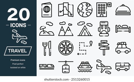 Travel flat icons set. Summer vacations symbols. Traveling, vacation, relax and tourism signs collection.