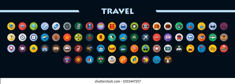 Travel flat icons set. Tourism symbols. Vector illustration.