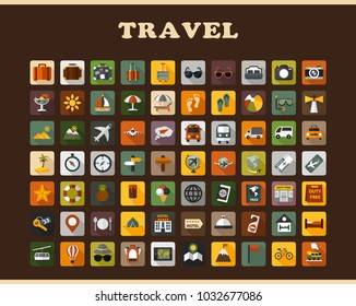 Travel flat icons set. Tourism symbols. Vector illustration.