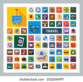 Travel flat icons set. Tourism symbols. Vector illustration.