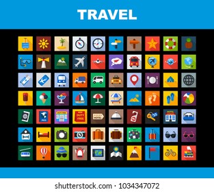 Travel flat icons set. Tourism symbols. Vector illustration.