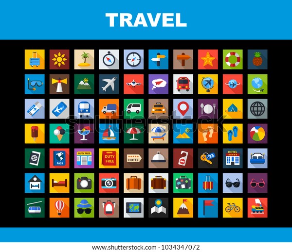 Travel flat icons set. Tourism symbols.\
Vector illustration.