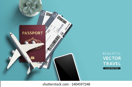 Travel flat lay concept with passports, airline tickets and toy plane. Vector illustration.