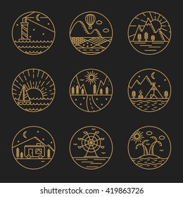 Travel flat line art illustration set of 9 logotypes