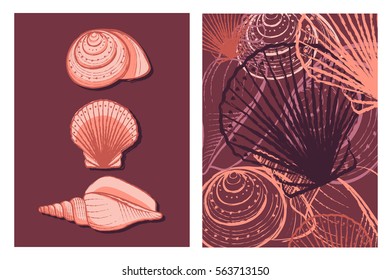 Travel Flayer Template. Blank holiday cards. Hand-drawn vector sea shells.