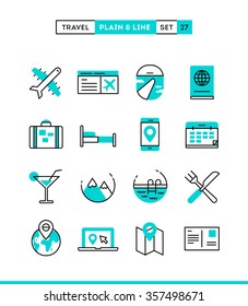 Travel, Flight, Accommodation, Destination Booking And More. Plain And Line Icons Set, Flat Design, Vector Illustration