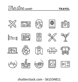 Travel, Flight, Accommodation, Destination Booking And More, Thin Line Icons Set, Vector Illustration