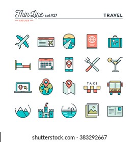 Travel, flight, accommodation, destination booking and more, thin line color icons set, vector illustration