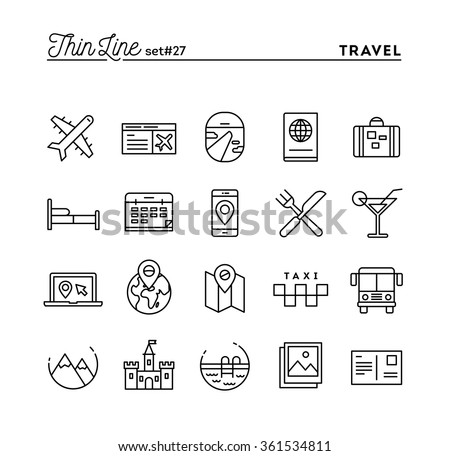 Travel, flight, accommodation, destination booking and more, thin line icons set, vector illustration