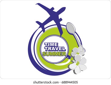 Travel, flight, rest, trip in the summer. Summer travel and tourism background.Logo for travel on a sticker, poster, card, business card for a travel company.Vector icon.Picture tour in summer.