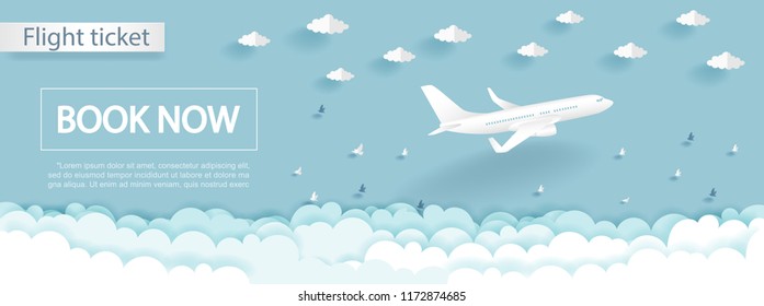 Travel and flight ticket advertising template with airplane in the sky, colorful background in paper cut style vector illustration.