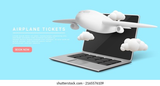 Travel and flight ticket advertising template with airplane. Concept web banner time to travel. Vector illustration