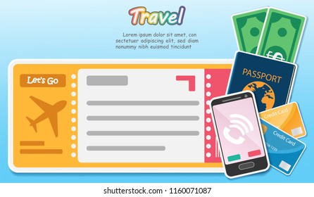 travel and Flights background for tourist, holidays and vacation. items are include air ticket and accessories world heritage vector, text can be added. Card for greeting Poster, paper art,
