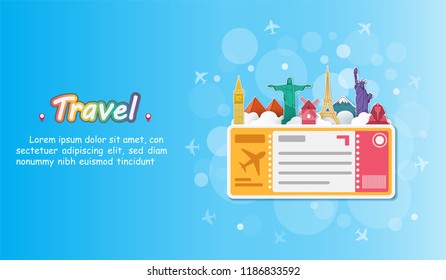 travel and Flights background for tourist, holidays and vacation. famous landmark items are include air ticket and world heritage vector, text can be added. Card for greeting Poster, paper art, vector