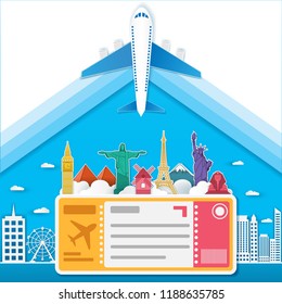 travel and Flights background for tourist, holidays and vacation. famous landmark items are include air ticket and world heritage vector, text can be added. Card for greeting Poster, paper art, vector