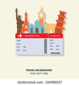 travel and Flights background for tourist,  holidays and vacation. items are include air ticket and world heritage vector, text can be added