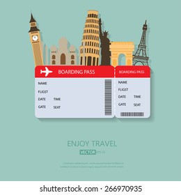 travel and Flights background for tourist,  holidays and vacation. items are include air ticket and world heritage vector, text can be added