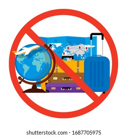 Travel, Flights And Movements Ban. Stop Travel Concept. World Map And Bags In Prohibition Sign. Vector Illustration.