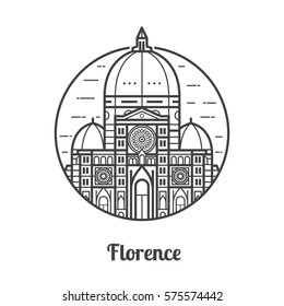 Travel Florence icon. Santa Maria del Fiore is one of famous landmarks and tourist attractions in capital city of Tuscany region, Italy. Domed Cathedral of Saint Mary of the Flowers Duomo in circle. svg