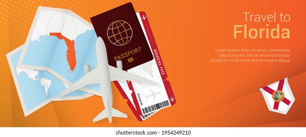 Travel to Florida pop-under banner. Trip banner with passport, tickets, airplane, boarding pass, map and flag of Florida. Vector template.