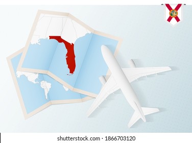 Viaje a Florida, avión de vista superior con mapa y bandera de Florida. Diseño de pancartas de viajes y turismo.