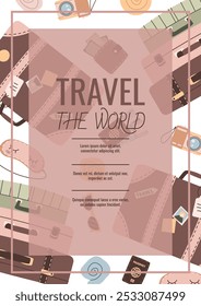 Travel flyer design. Poster with luggage and clothes. Travel around the world, summer vacation. Banner for a travel agency.