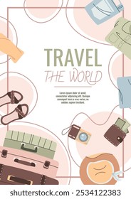 Diseño de volante de viaje. Cartel con equipaje y ropa. Viajar alrededor del mundo, vacaciones de verano. Anuncio para una agencia de viajes.