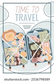 Travel flyer design. Poster with an open suitcase with clothes. Travel around the world, summer vacation. Banner for a travel agency.