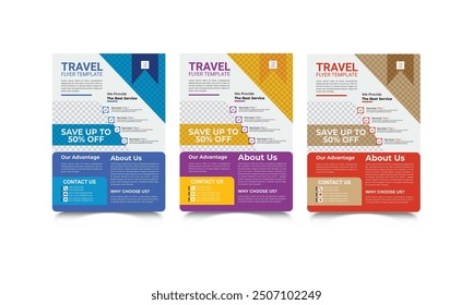 Travel Flyer Design With Three Color Variation.