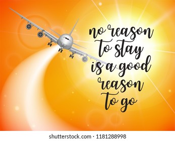 Travel flyer with realistic plane and designed text. Badge. advertising design template