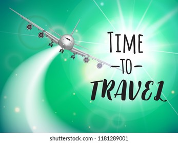 Travel flyer with realistic plane and designed text. Badge. advertising design template