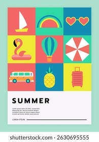 Travel flyer. Summer season vacations. Abstract background, copy space for text. Poster trendy or card design. Beach flamingo, bus and yacht. Vector cartoon flat style isolated summertime illustration