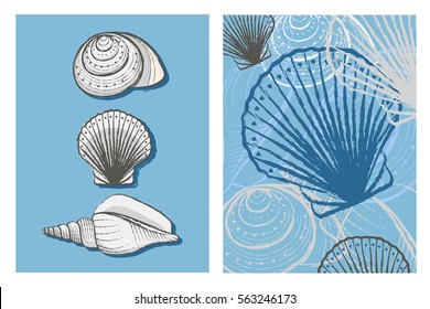 Travel Flyer Template. Blank holiday cards. Hand-drawn vector sea shells.